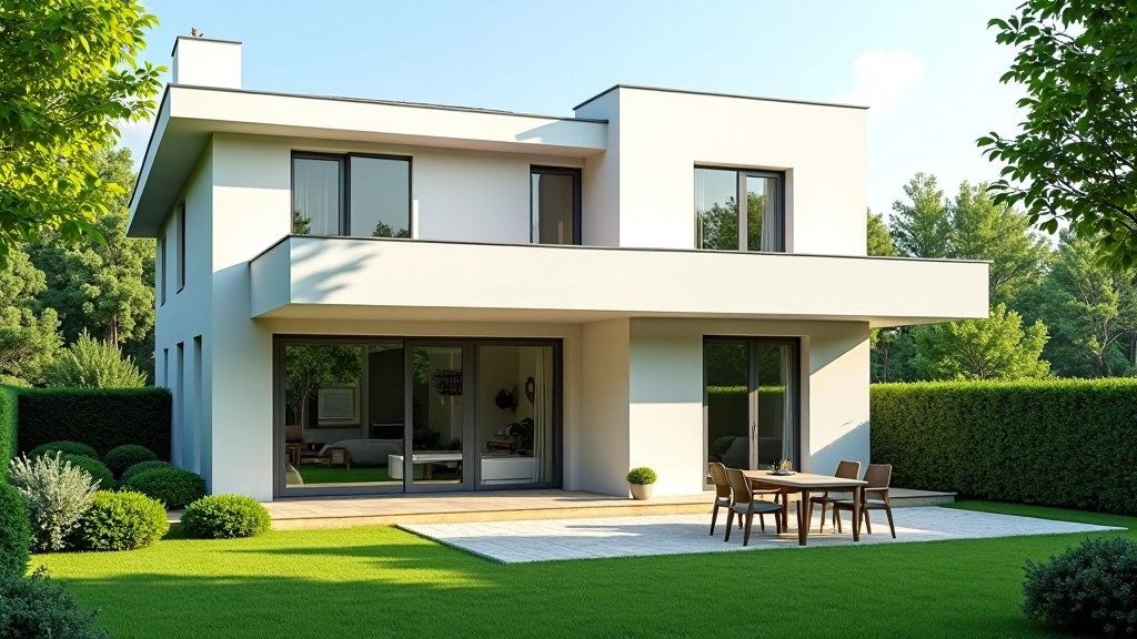 Casa moderna con facciata luminosa e giardino ben curato, fotografia esterna professionale con luce naturale