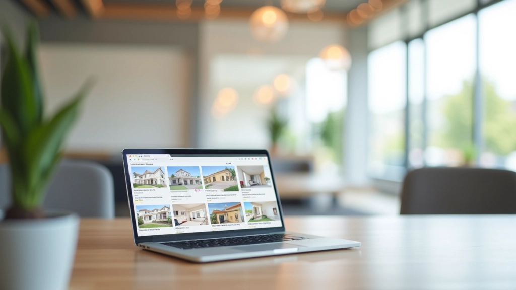 Agenzia immobiliare moderna con desktop che mostra annunci di proprietà e mappe interattive
