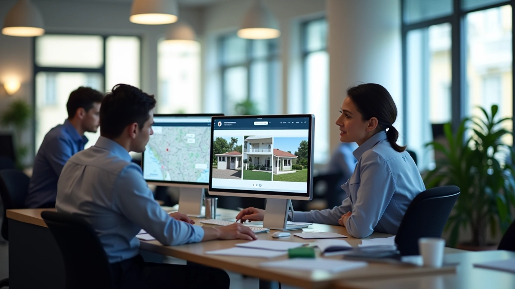 Ufficio immobiliare moderno con agenti che lavorano su siti web di proprietà