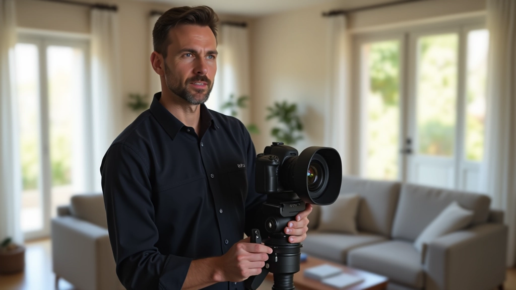 Fotografo professionista che scatta foto 360 gradi all'interno di un appartamento moderno con attrezzatura specializzata