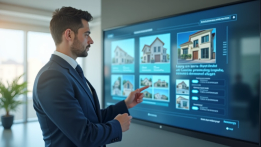 Agente immobiliare che presenta annunci di proprietà su display digitale